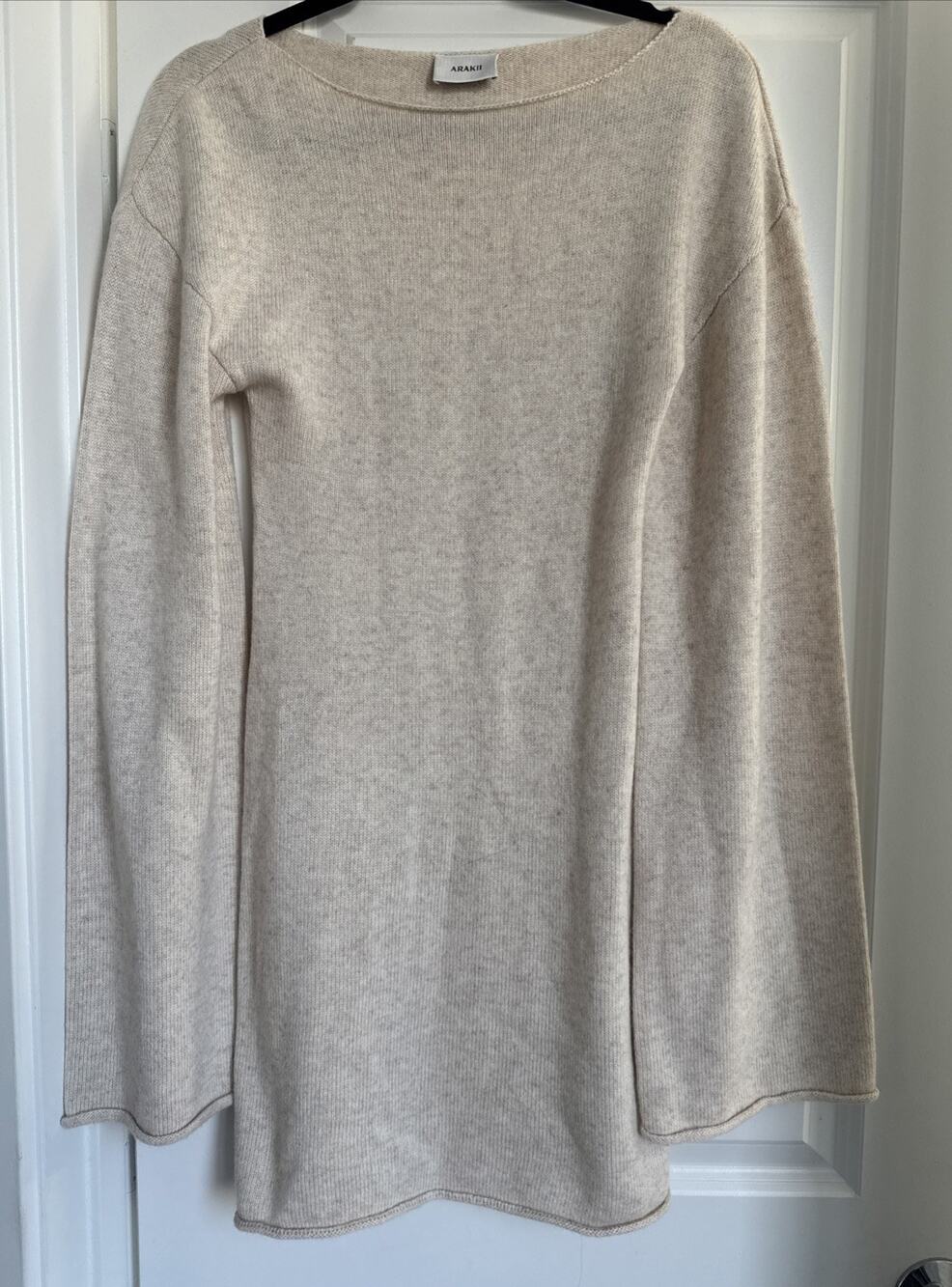 ARAKII Sweater Dress Women Small Beige Mini Long Bell Sleeve Merino Blend Luxury